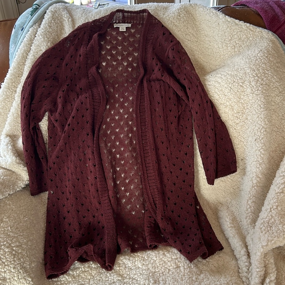 Open weave burgundy cardigan, size XL